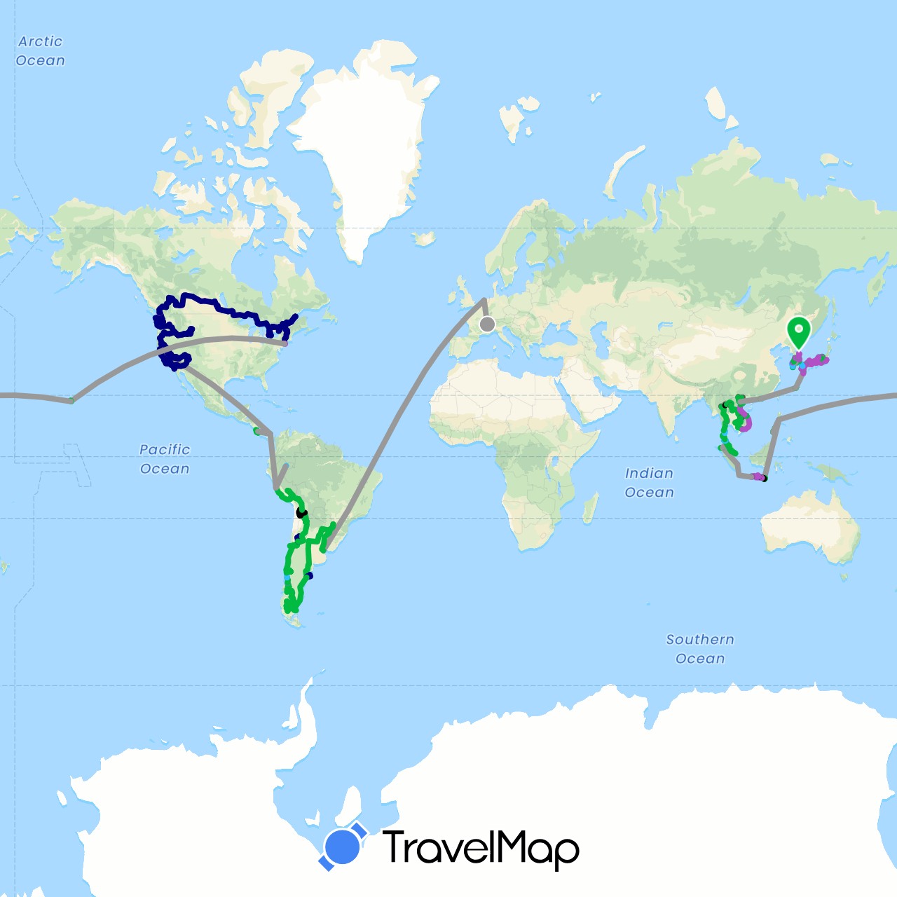 TravelMap itinerary: driving, bus, plane, cycling, train, hiking, boat, hitchhiking, motorbike, taxi, horse, 4x4, télécabine, tuktuk, subway in Argentina, Bolivia, Brazil, Canada, Switzerland, Chile, China, Costa Rica, Hong Kong, Indonesia, Japan, Cambodia, South Korea, Laos, Malaysia, Netherlands, Panama, Peru, Philippines, Singapore, Thailand, United States, Vietnam (Asia, Europe, North America, South America)